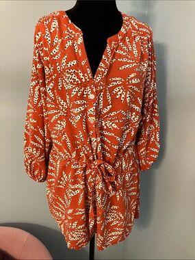LOFT Dark Orange Printed Button-Front Romper with Waist Tie